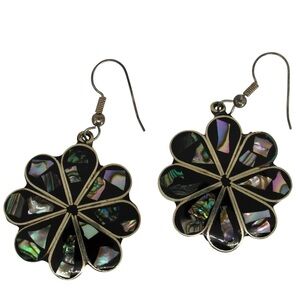Vintage .925 Dangle Earrings Black Enamel w/ Iridescent Abalone Shells Mexico